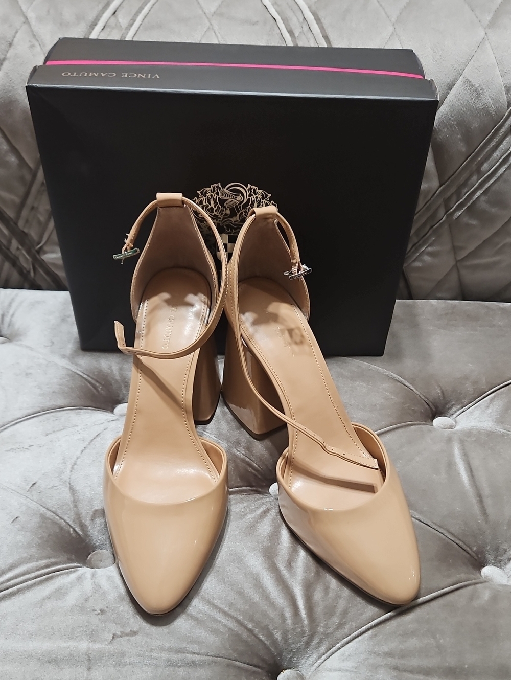 Vince Camuto Beige Patent Ankle-Strap Block Heels